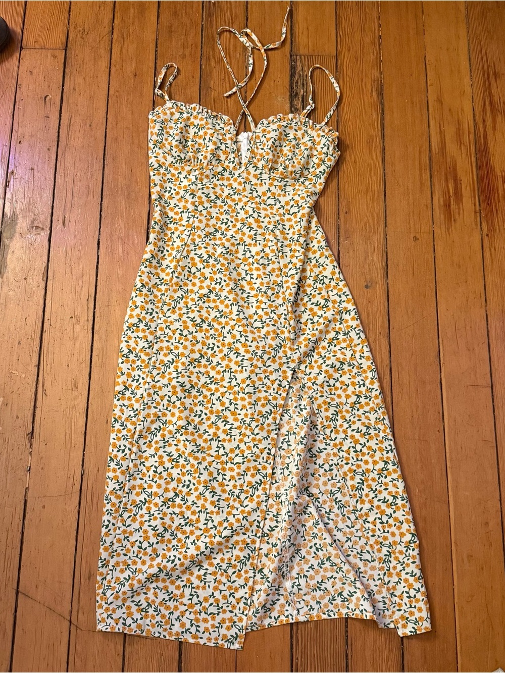 Floral Yellow Spaghetti-Strap Midi Dress with Front Slit - Picture 3 of 3